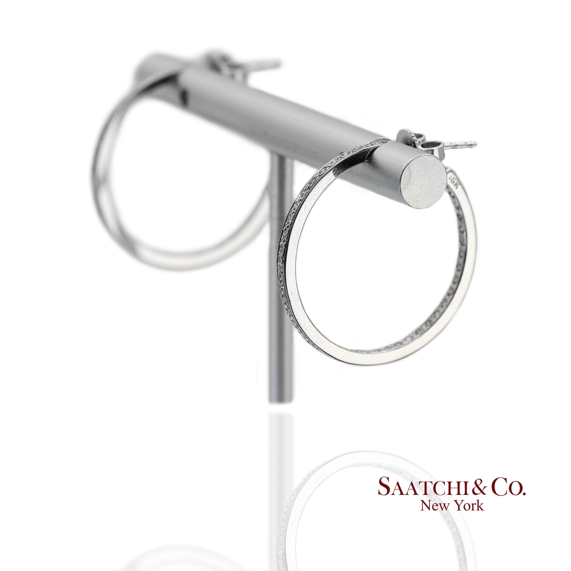 18K(750) Solid White Gold In and Out Natural Diamond Hoop Earrings