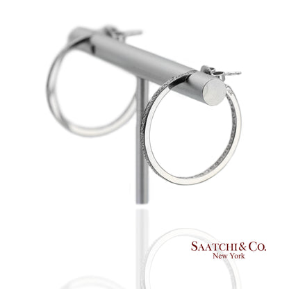 18K(750) Solid White Gold In and Out Natural Diamond Hoop Earrings