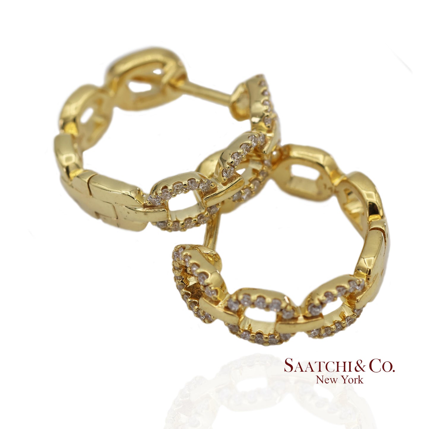 14K(585) Solid Yellow Gold Natural Diamond Link Chain Huggies Earrings