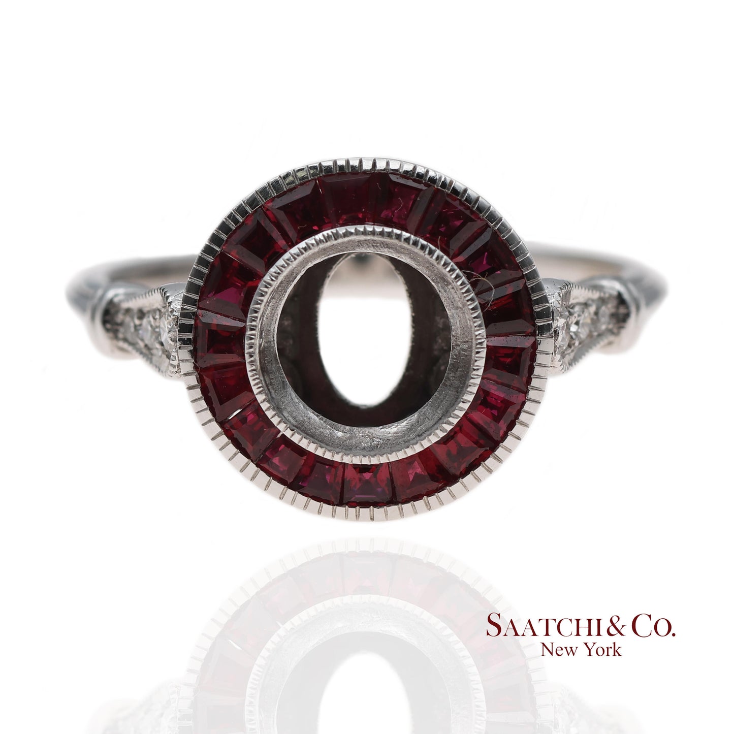 14K (585) White Gold Natural Brilliant Diamond Semi Mount Ruby Ring Size 7