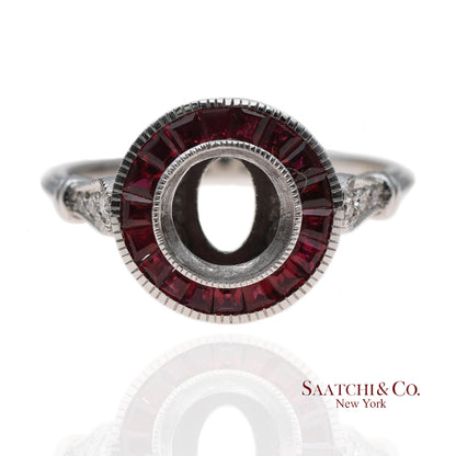 14K (585) White Gold Natural Brilliant Diamond Semi Mount Ruby Ring Size 7