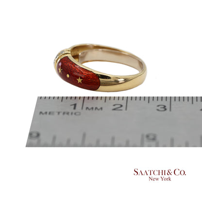 Vintage Faberge 18K (750) Solid Yellow Gold Red Enamel Diamond Ring