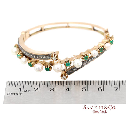 Old Vintage 14K (585) Yellow Gold Natural Diamond Bangle Bracelet