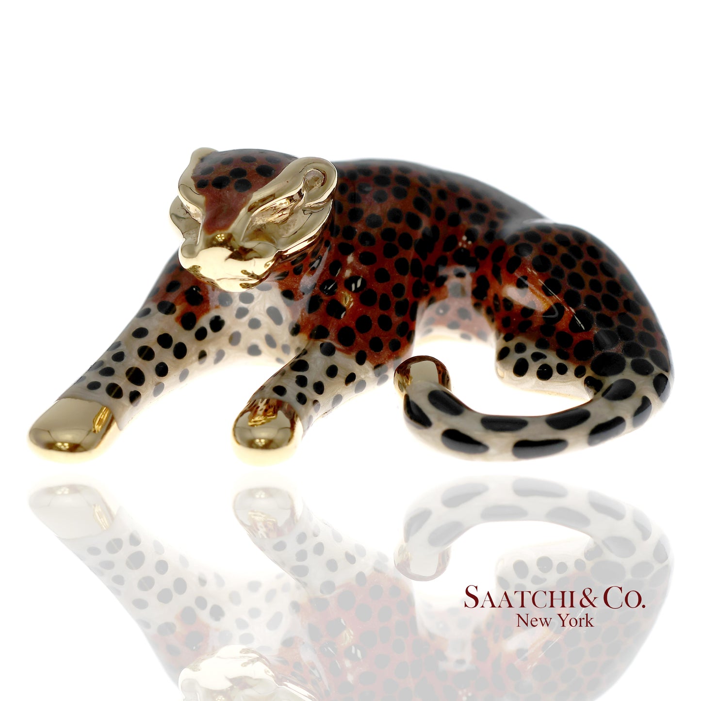 14K (585) Solid Yellow Gold Enamel Leopard Pendant Necklace
