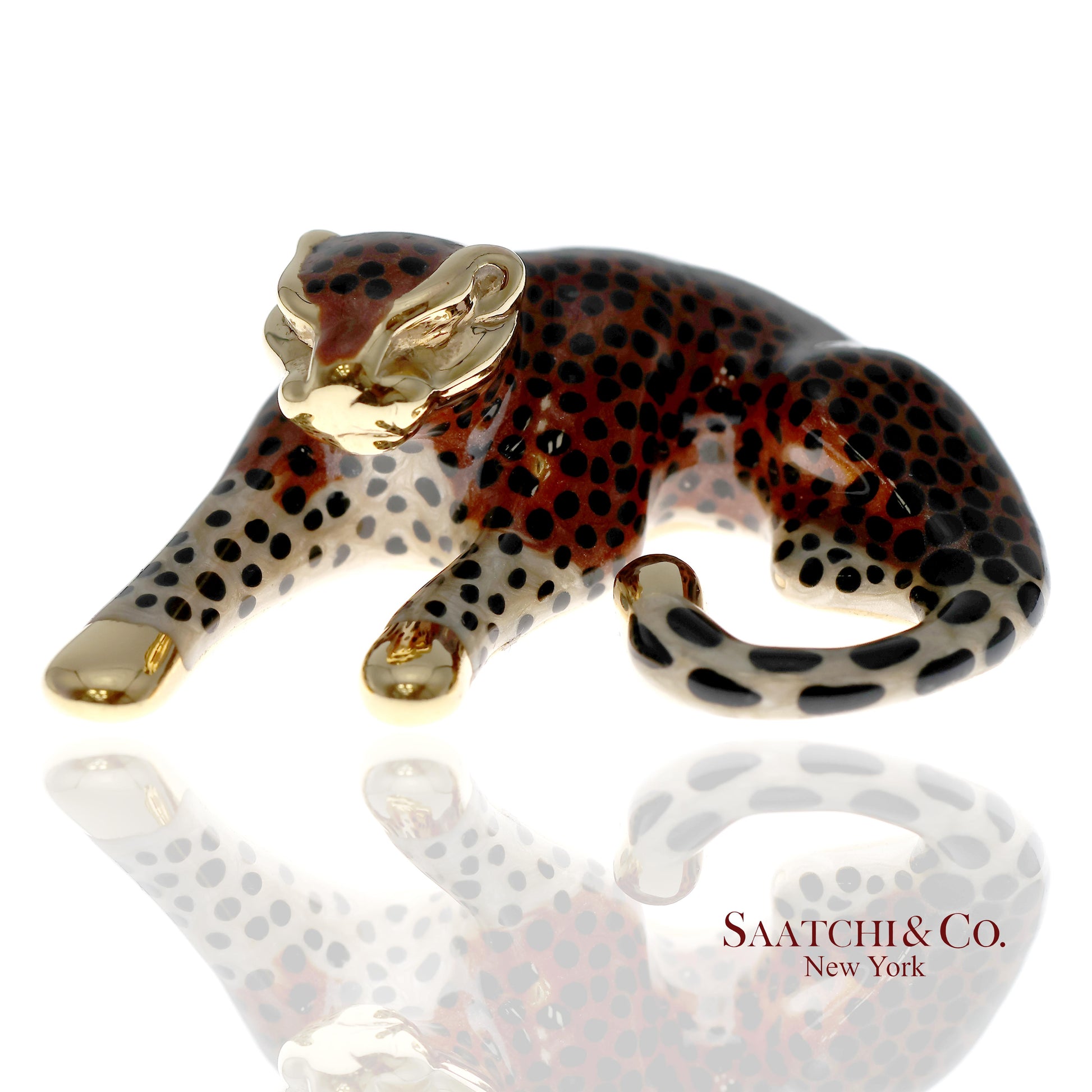 14K (585) Solid Yellow Gold Enamel Leopard Pendant Necklace