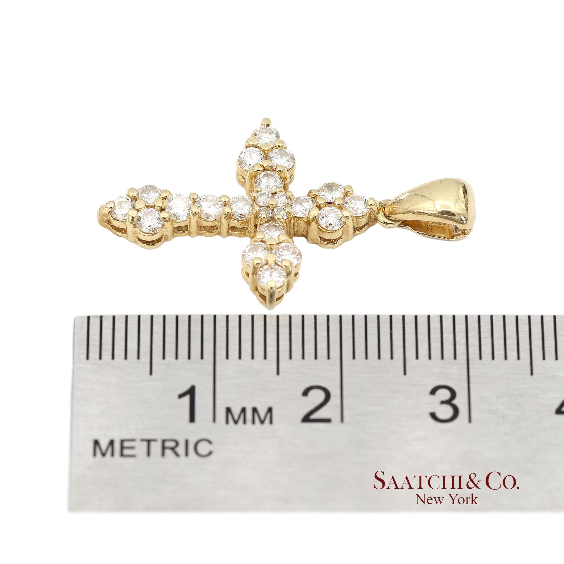 14K(585) Solid Yellow Gold Natural Diamond Cross Pendant Necklace