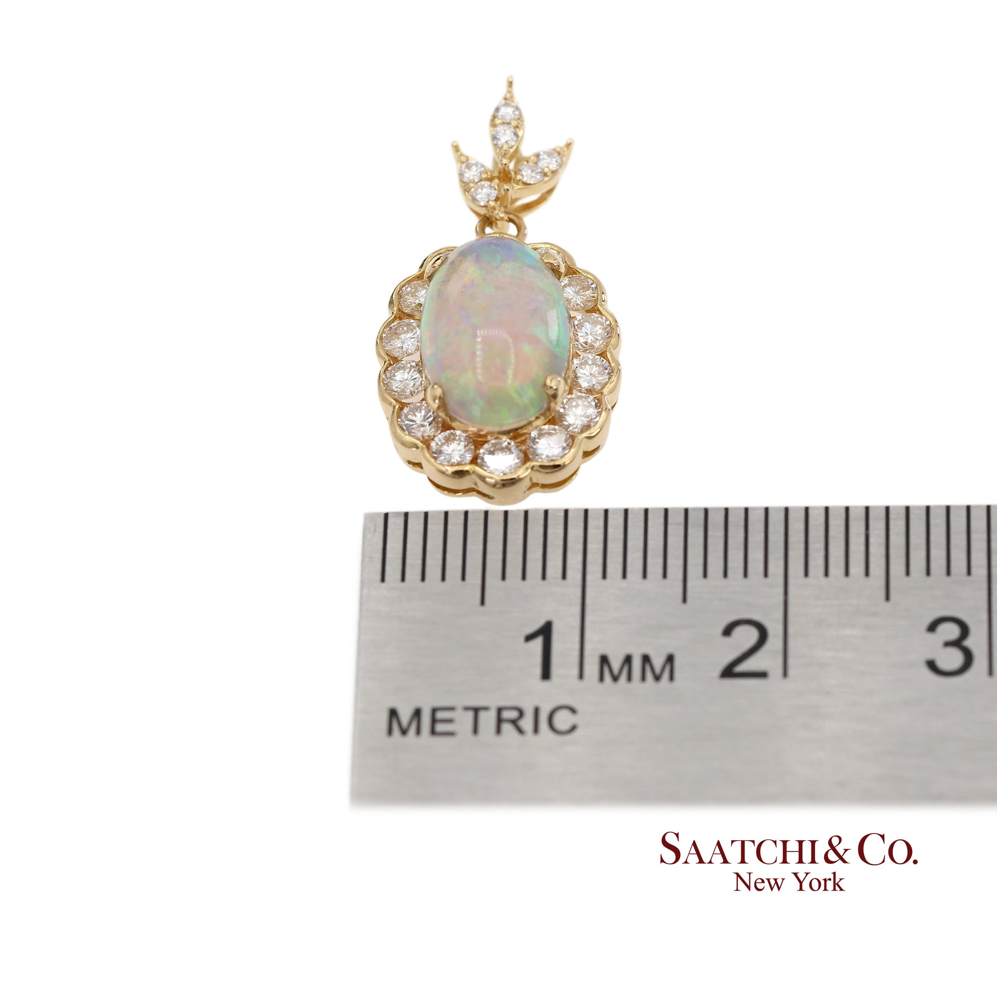 18K 750 Solid Yellow Gold Natural Diamond and Natural Opal Pendant Necklace