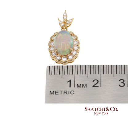 18K 750 Solid Yellow Gold Natural Diamond and Natural Opal Pendant Necklace