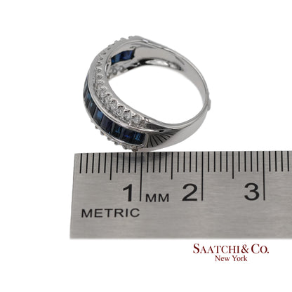18K 750 Solid White Gold Natural Diamond and Natural Sapphire Band Ring