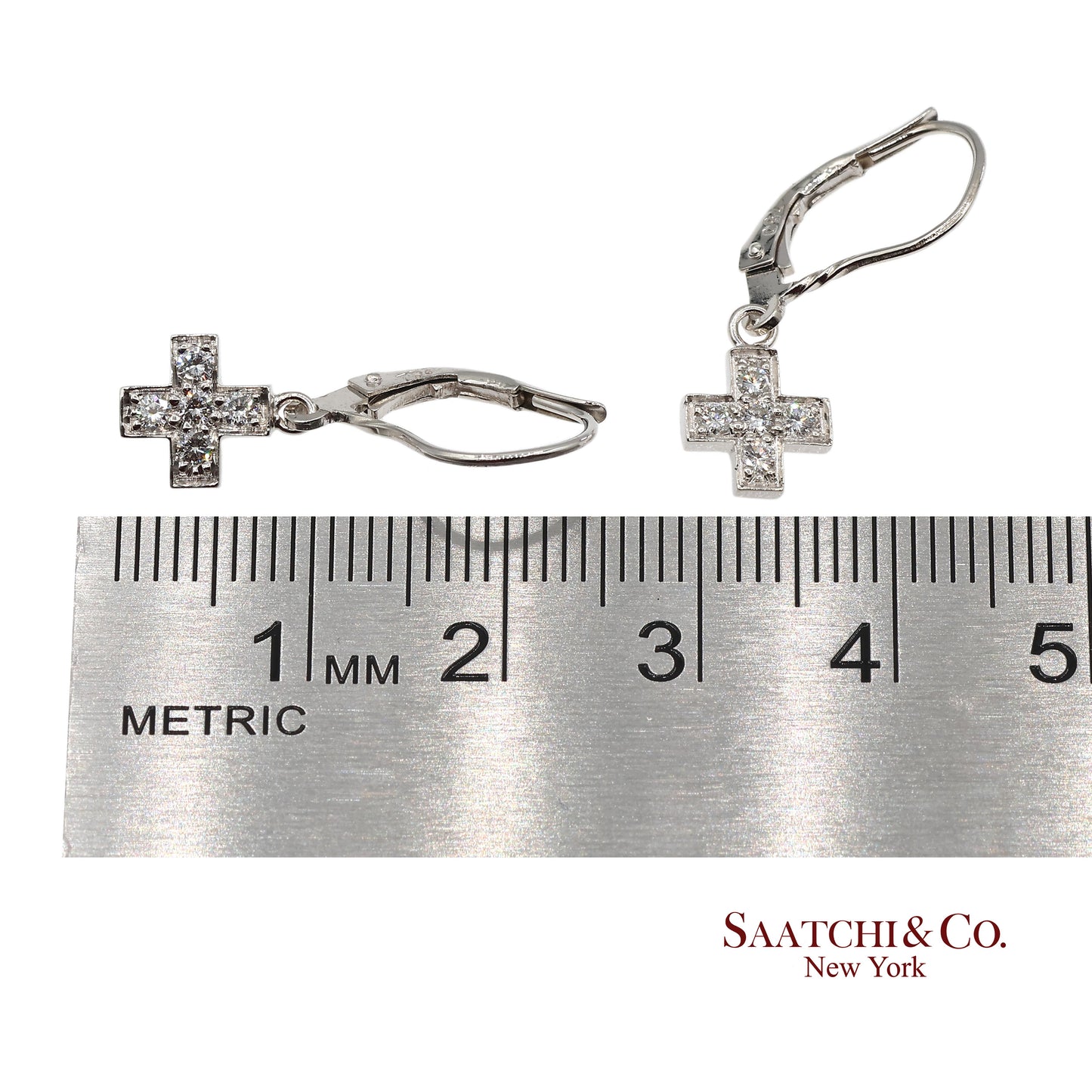 18K 750 Solid White Gold Natural Diamond Drop Hanging Cross Shape Earrings