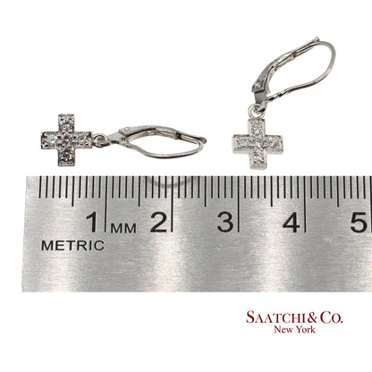 18K 750 Solid White Gold Natural Diamond Drop Hanging Cross Shape Earrings
