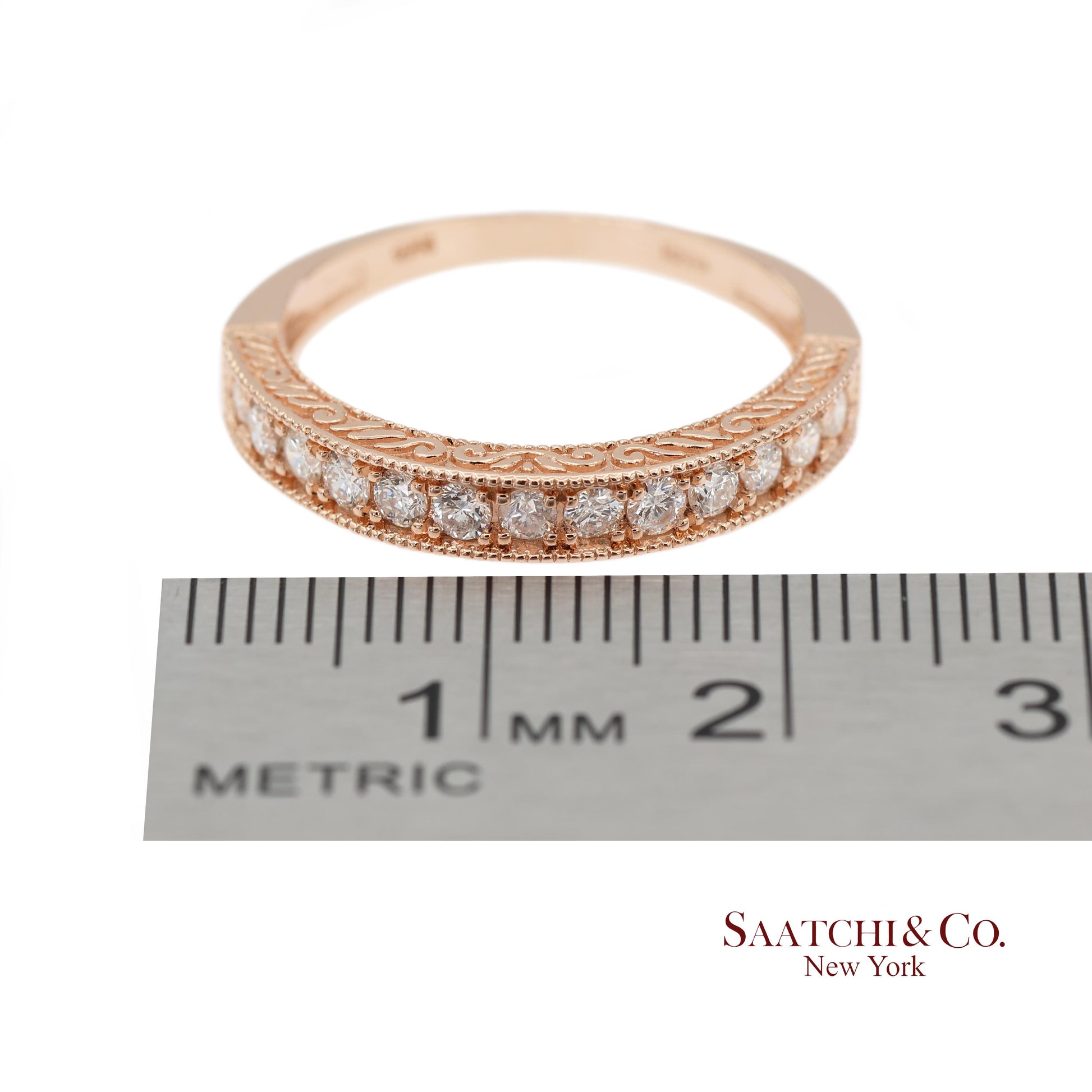 14K 585 Solid Rose Gold Side Engraving Natural Diamond Band Ring