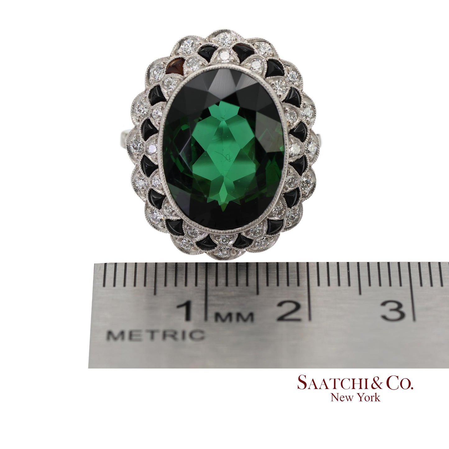Vintage Platinum 950 Milgrain Natural Diamond and Tourmaline Ring