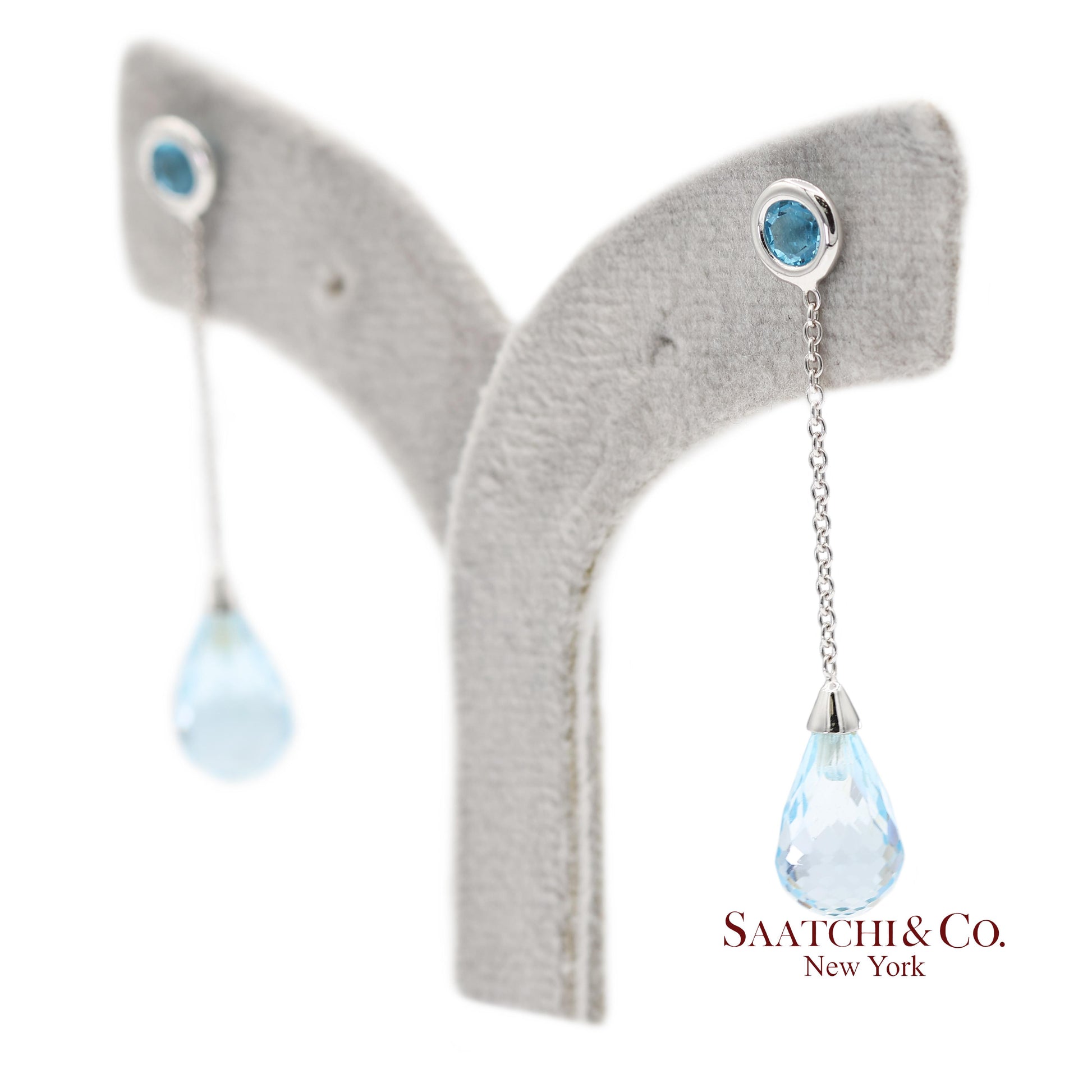18K 750 Solid White Gold Blue Topaz Drop Earrings