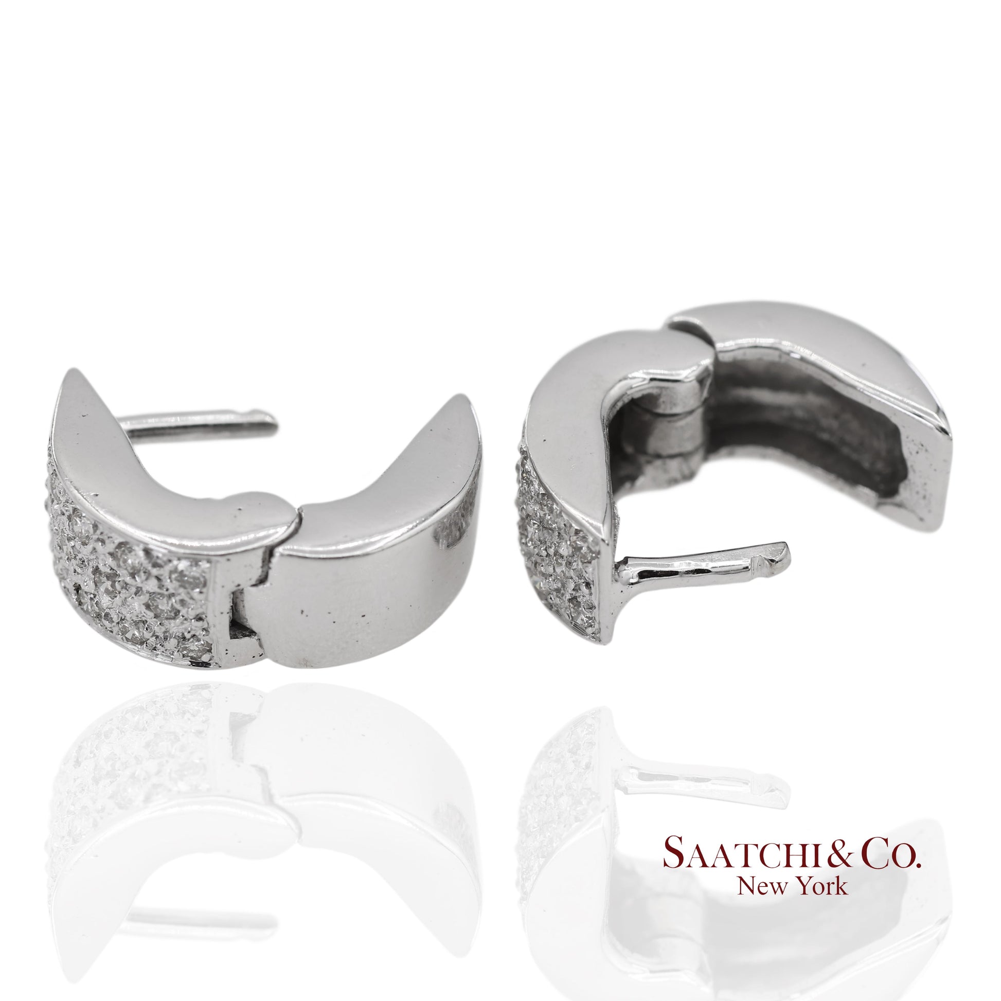 18K 750 Solid White Gold Natural Diamond Huggie Hoop Earrings
