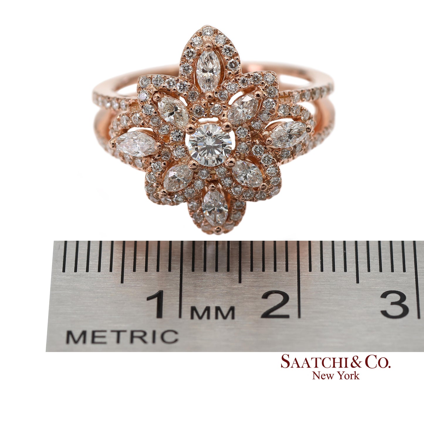 18K 750 Solid Rose Gold Floral Natural Diamond Ring