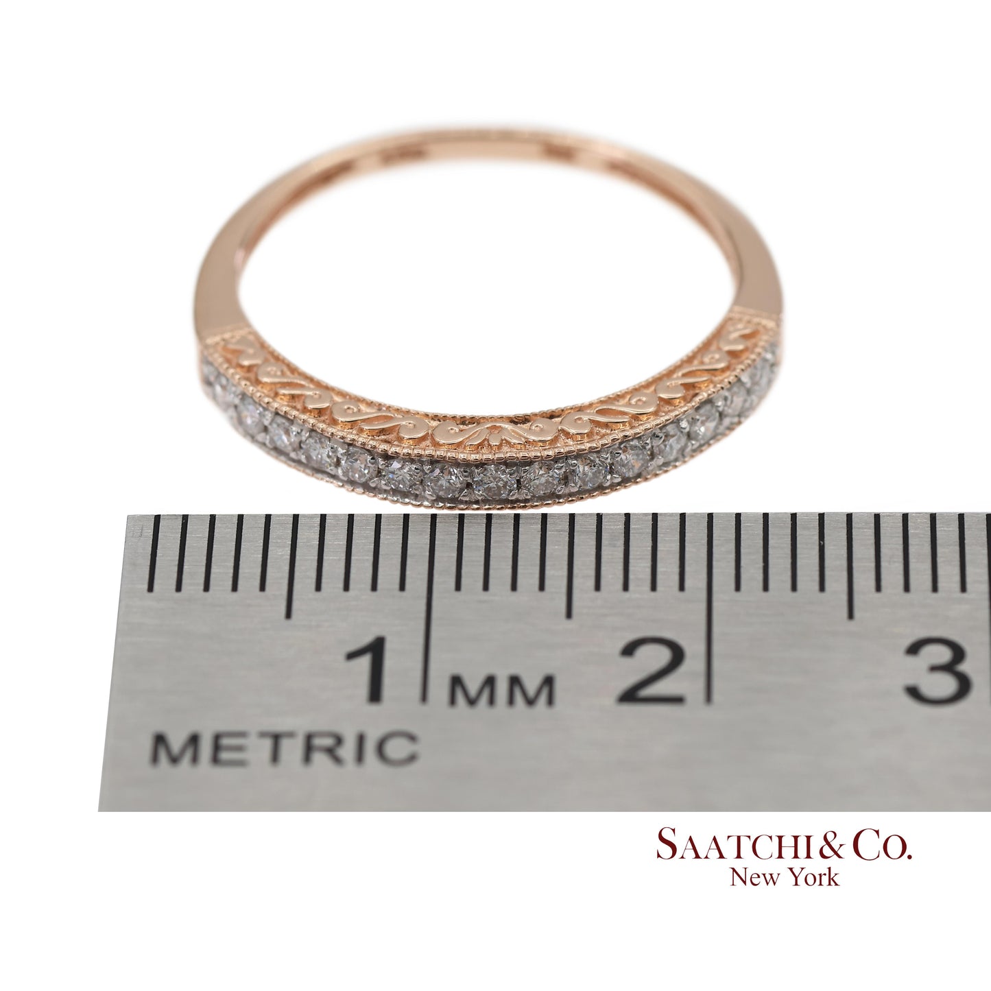 14K 585 Solid Rose Gold Engraving and Milgrain Natural Diamond Band Ring