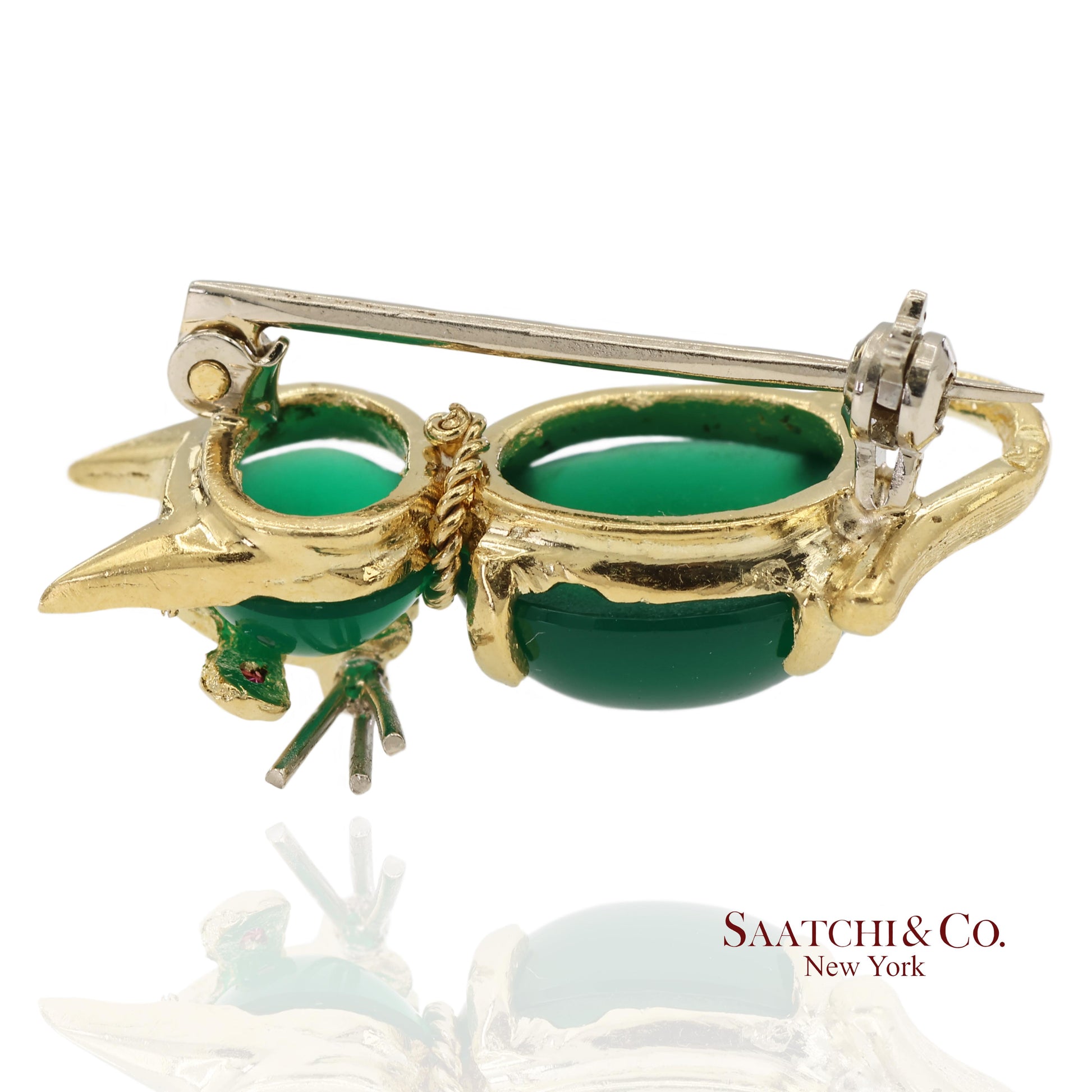 18K 750 Solid Yellow Gold Natural Ruby Eyes & Green Gemstones Cat Pin Brooch