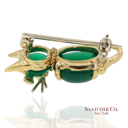 18K 750 Solid Yellow Gold Natural Ruby Eyes & Green Gemstones Cat Pin Brooch