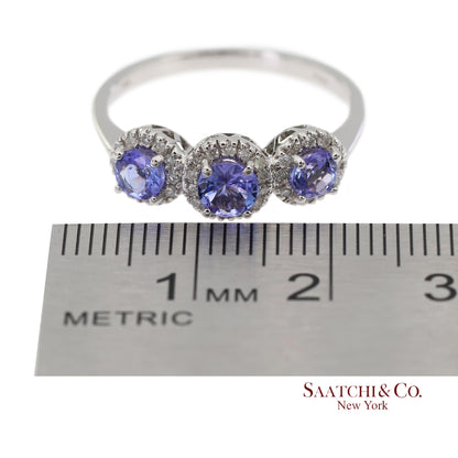 0.40 ct Natural Diamond and 0.80 ct Tanzanite 14K White Gold 3-Stone Ring