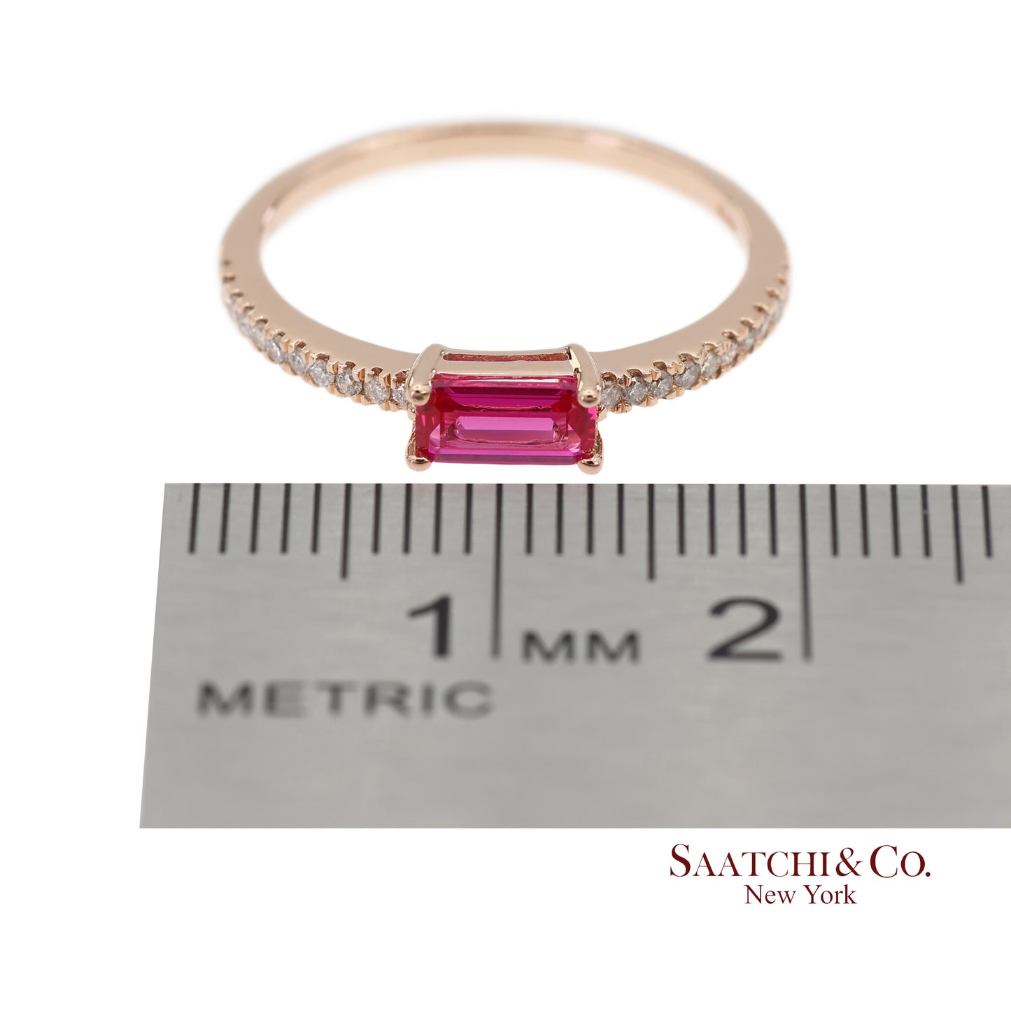 14K 585 Solid Rose Gold Pink Baguette Cut Stone and Natural Diamond Ring