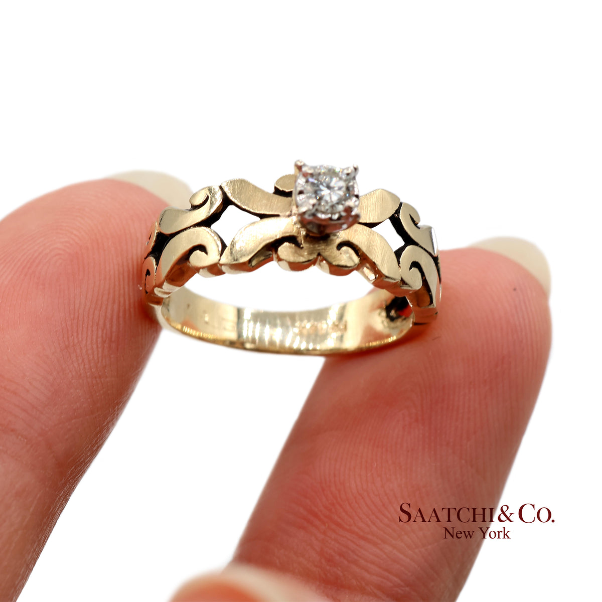 0.13 Ct Natural Diamond 14K Yellow Gold Openwork Scroll Design Ring