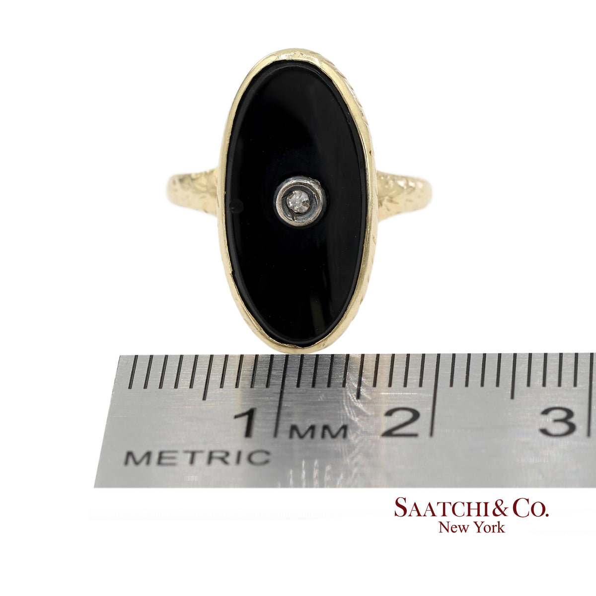 Vintage 14K Solid Yellow Gold Oval Black Onyx and Diamond Ring