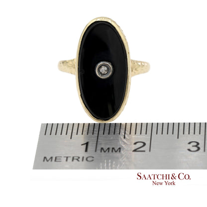 Vintage 14K Solid Yellow Gold Oval Black Onyx and Diamond Ring