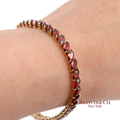 Vintage 14K 585 Solid Yellow Gold Red Garnet Marquise Cut Tennis Bracelet