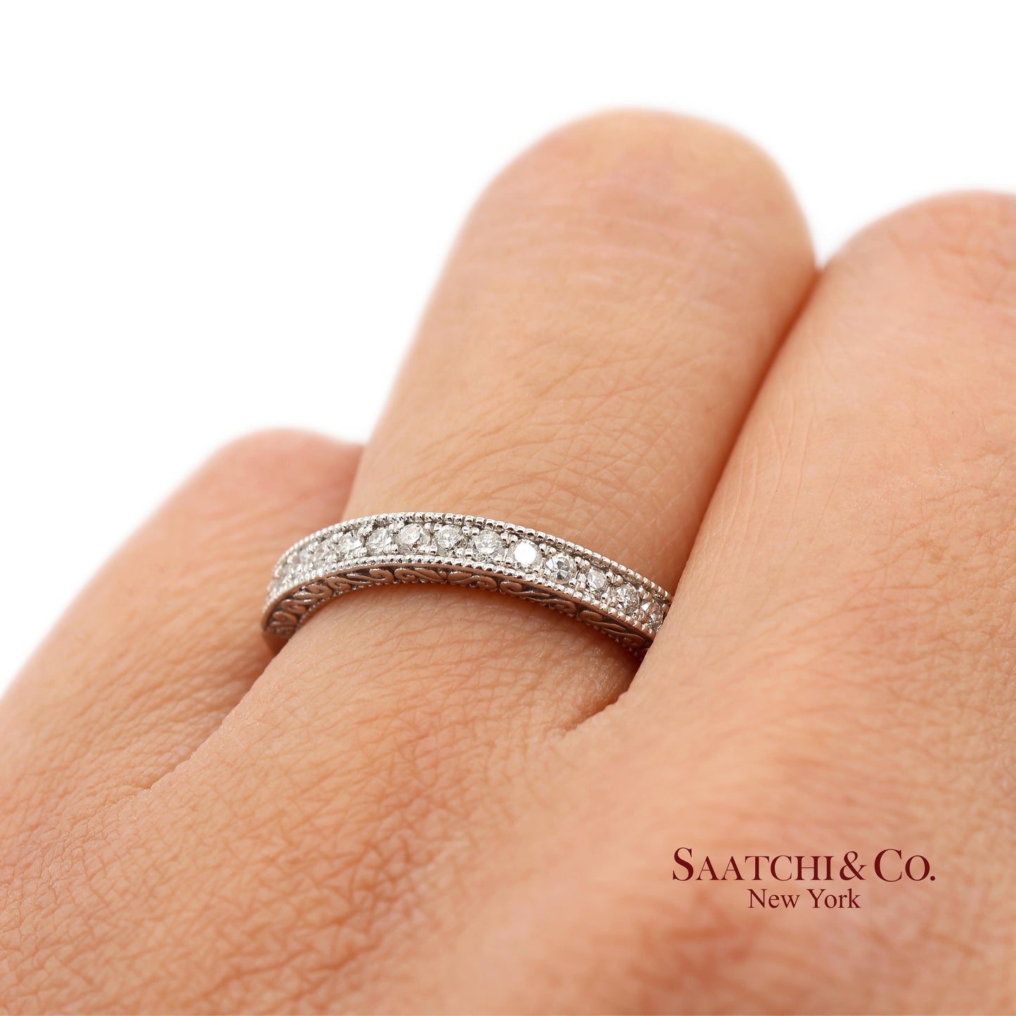 14K 585 Solid White Gold Side Engraving Milgrain Natural Diamond Band Ring