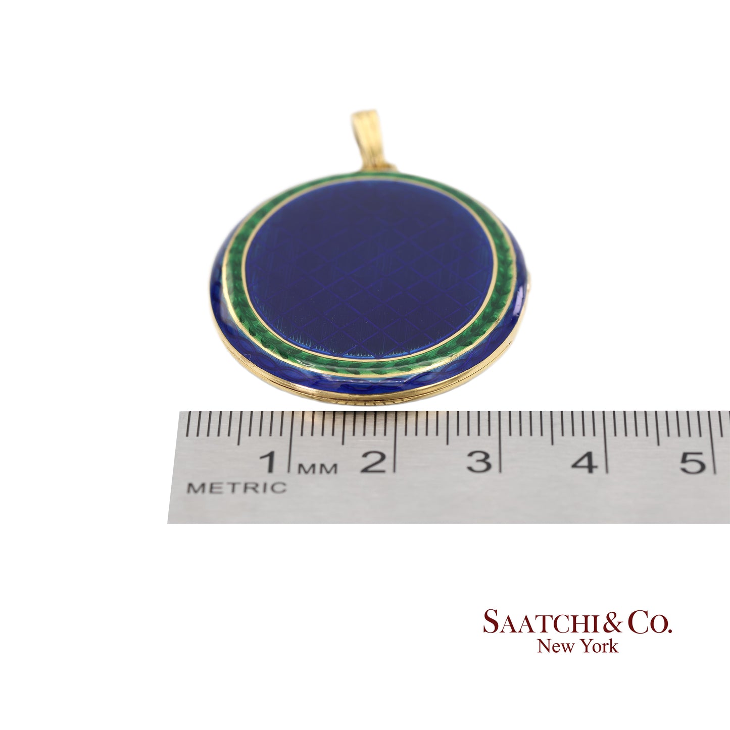 Vintage 18K 750 Yellow Gold Royal Blue & Green Enamel Locket Pendant Necklace