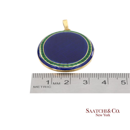 Vintage 18K 750 Yellow Gold Royal Blue & Green Enamel Locket Pendant Necklace