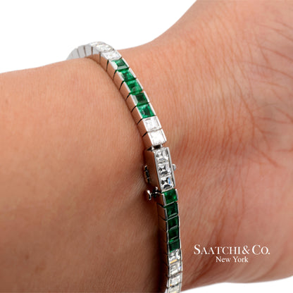 Platinum 950 Custom Made Natural Diamond and Emerald Bezel Tennis Bracelet