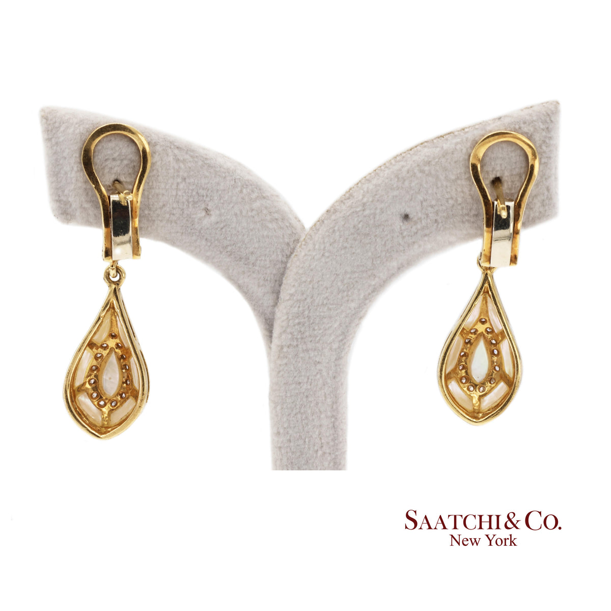 18K Yellow Gold 0.50 ct Natural Diamond and Mother of Pearl Omega Back Earrings