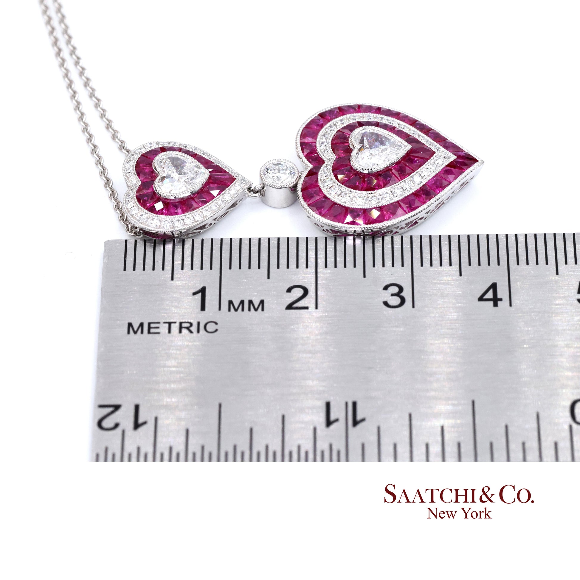 GIA Platinum 950 Double Heart Natural Burma Ruby Milgrain Pendant Necklace