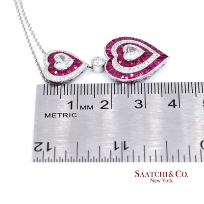 GIA Platinum 950 Double Heart Natural Burma Ruby Milgrain Pendant Necklace