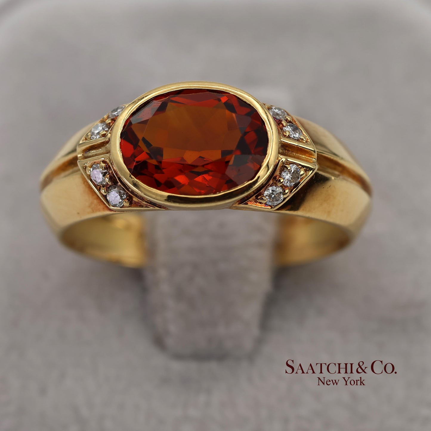 18K(750) Solid Yellow Gold Natural Diamond Mandarin Garnet Ring