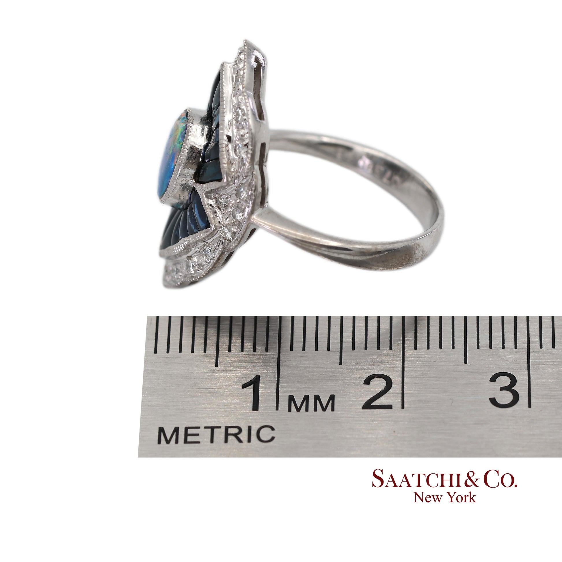 18K(750) Solid White Gold Natural Diamond Sapphire and Opal Ring