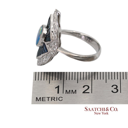 18K(750) Solid White Gold Natural Diamond Sapphire and Opal Ring