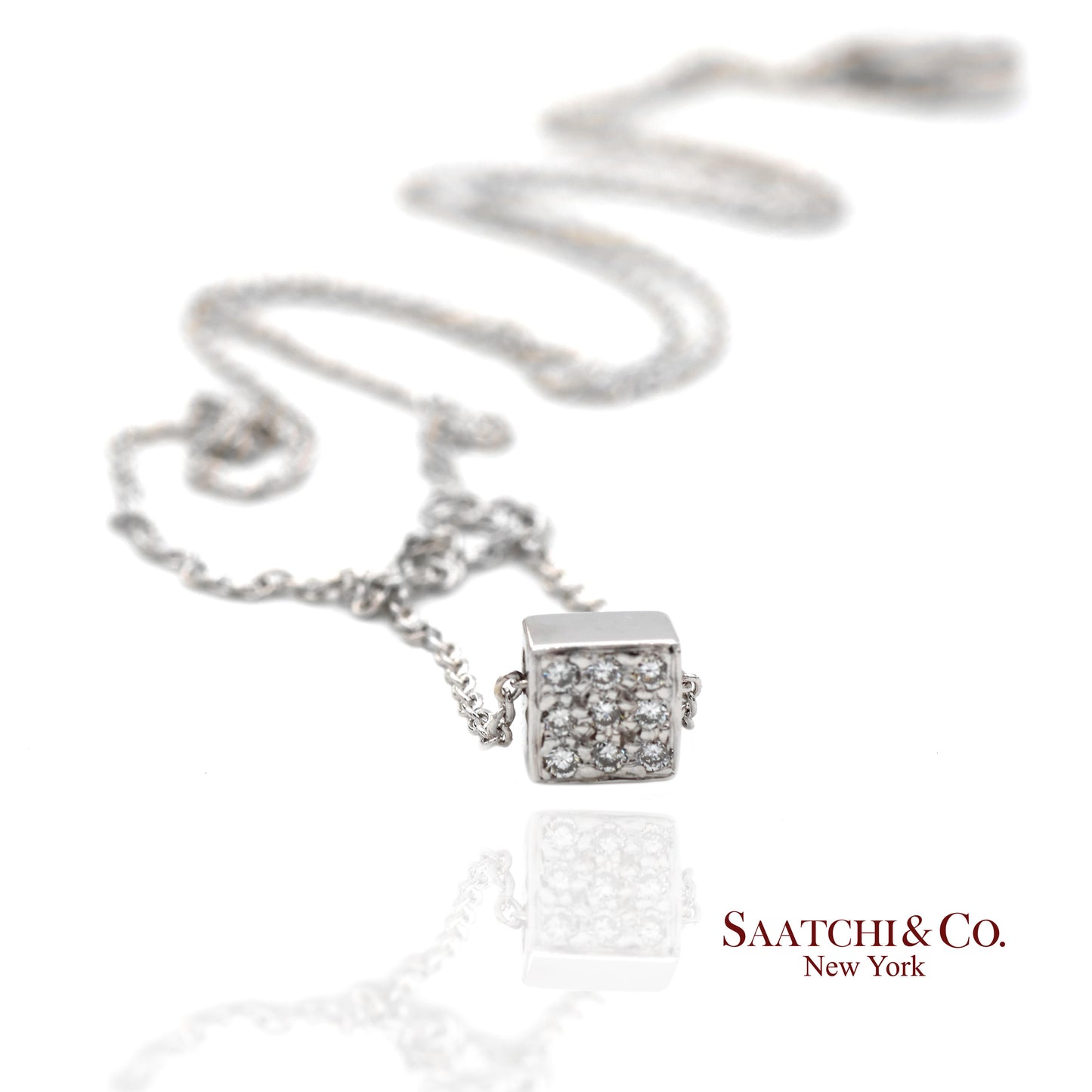 18K(750) White Gold Natural Diamond Square Box Shape Pendant Necklace with Chain