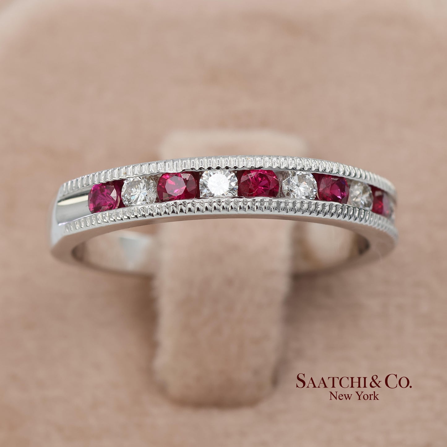 14K (585) Solid White Gold Natural Diamond and Ruby Half Band Ring