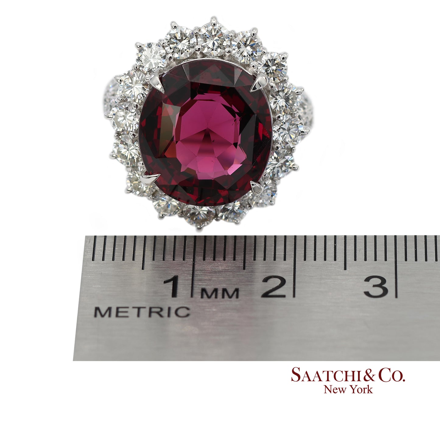 GIA Certified Solid Platinum 900 Natural Diamond and Natural Garnet Ring