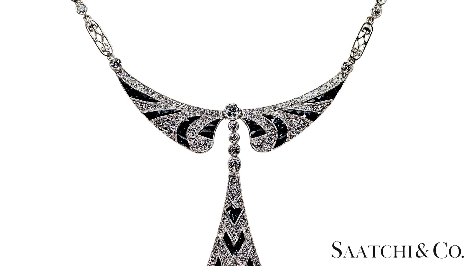 GIA Certified Diamond and Natural Sapphire in Platinum 950 Elegant Necklace
