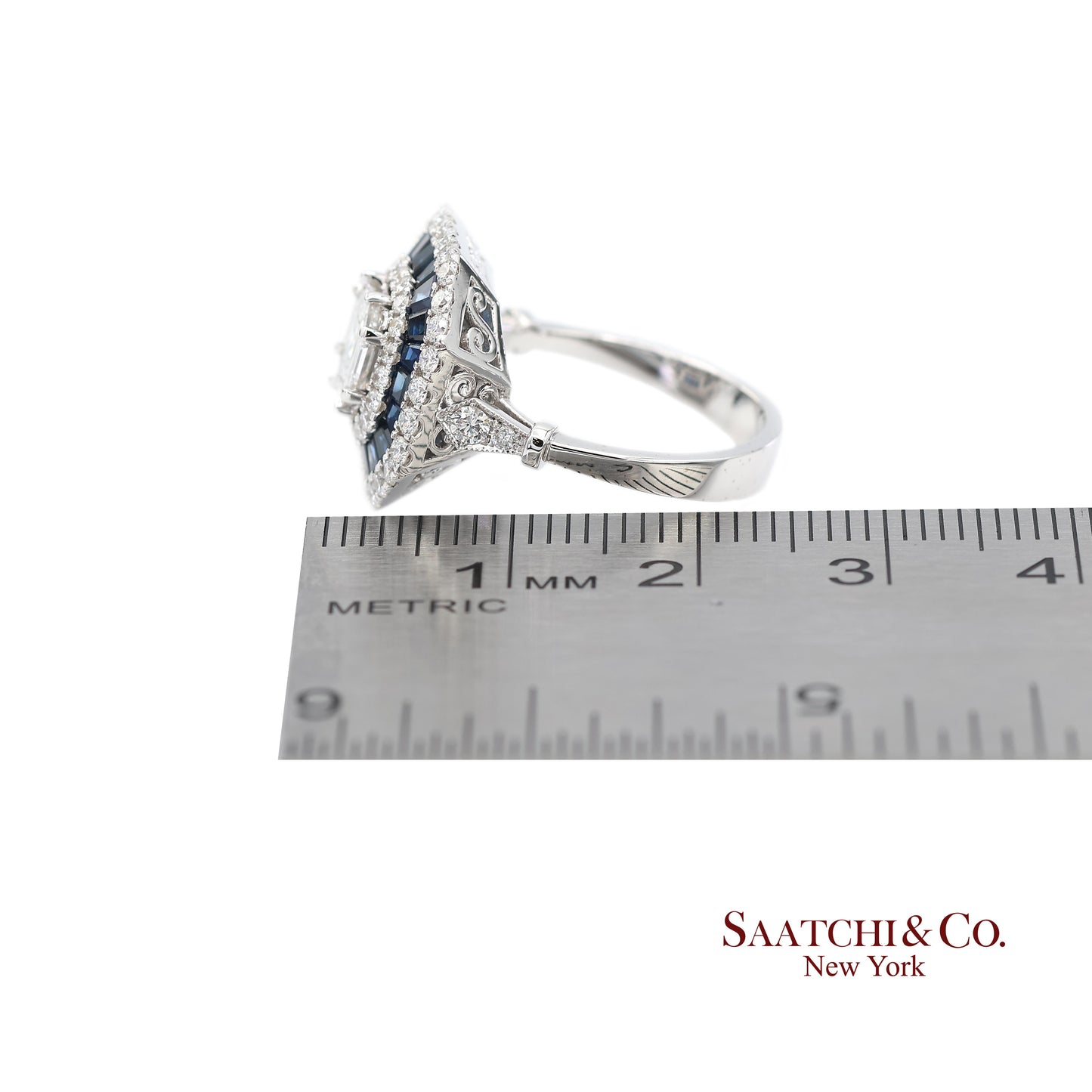 18K(750) White Gold Royal Blue Sapphire and Asscher Pie Cut Natural Diamond Ring