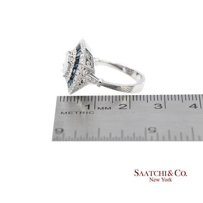 18K(750) White Gold Royal Blue Sapphire and Asscher Pie Cut Natural Diamond Ring