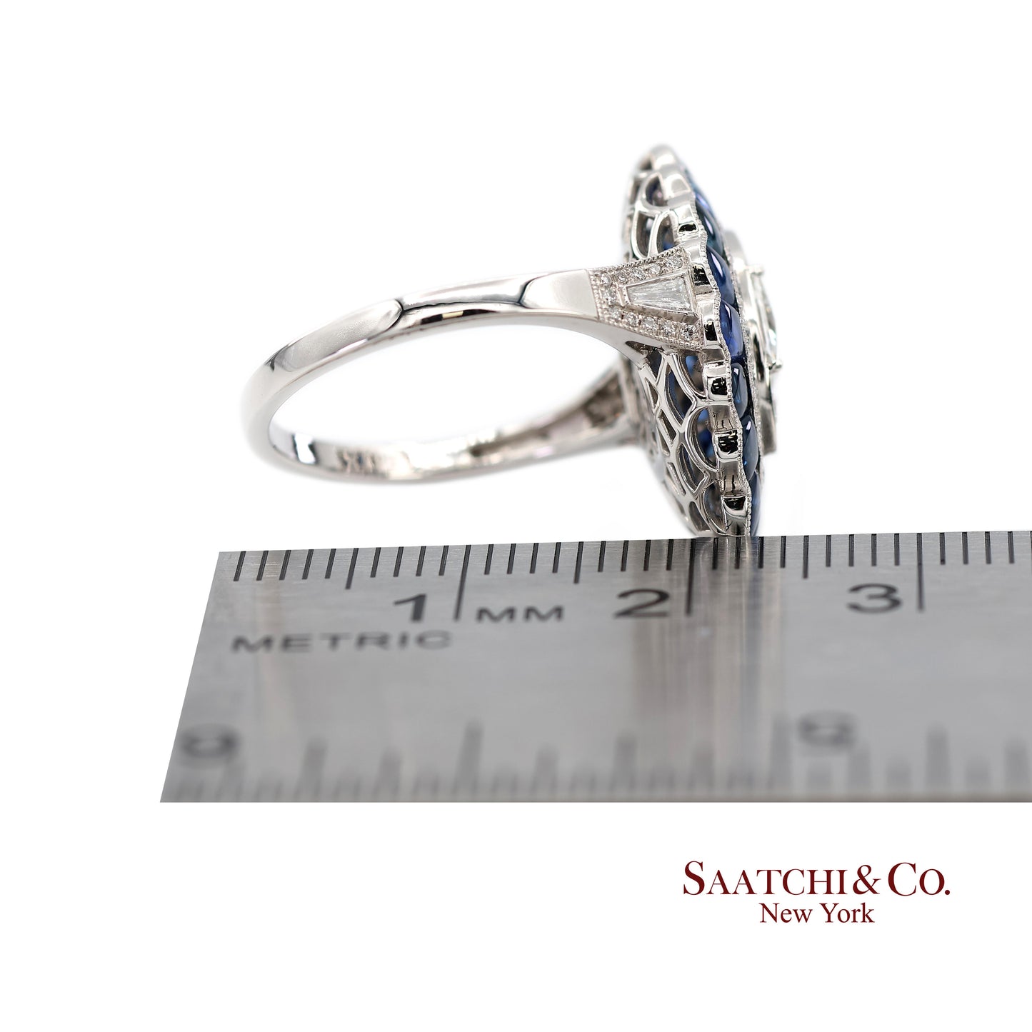 Platinum (950) Natural Diamond and Natural Sapphire Milgrain Ring