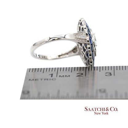 Platinum (950) Natural Diamond and Natural Sapphire Milgrain Ring