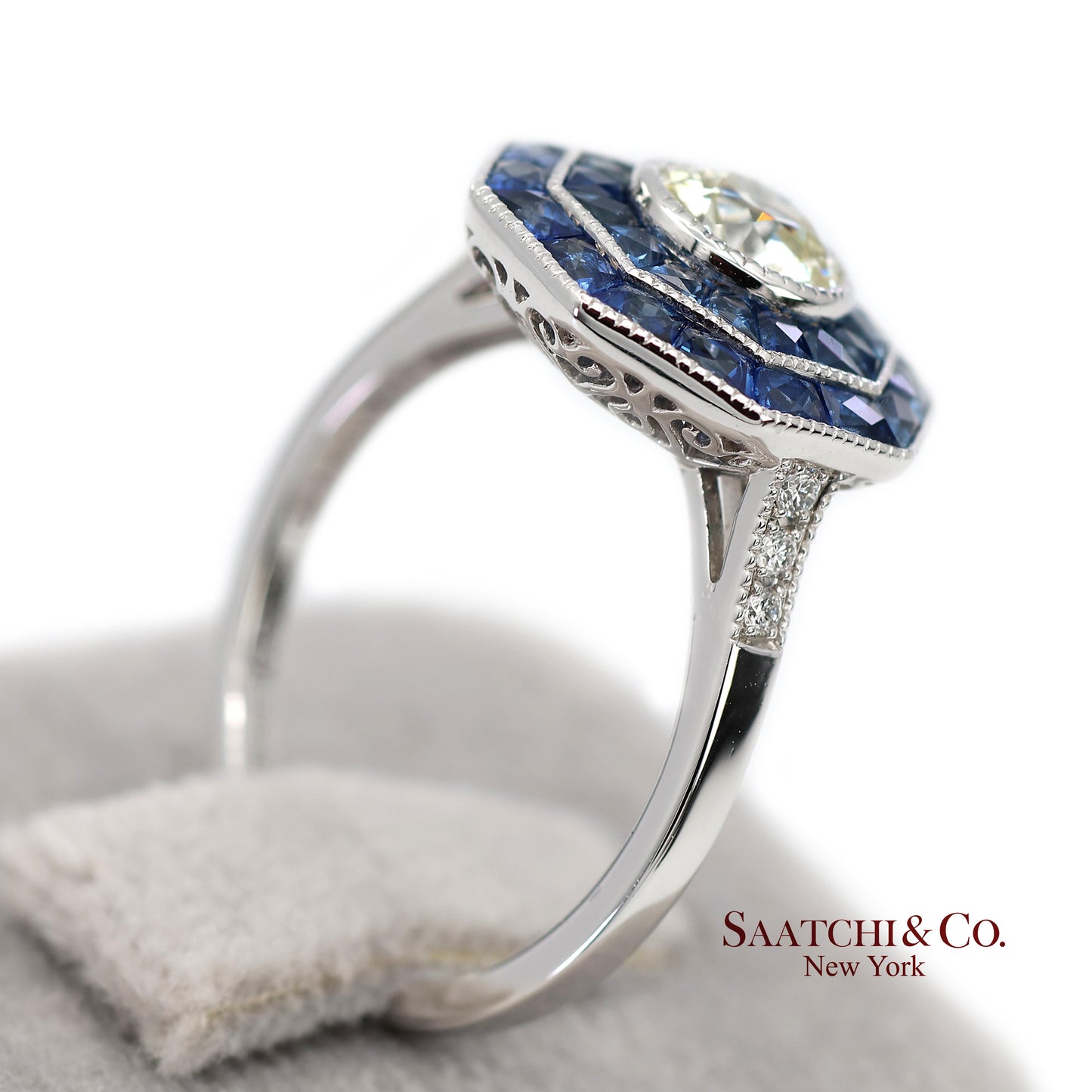 Platinum 950 Natural Diamond and Natural Sapphire Milgrain Ring