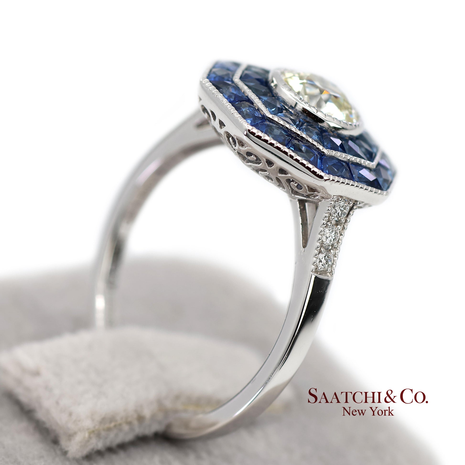 Platinum 950 Natural Diamond and Natural Sapphire Milgrain Ring