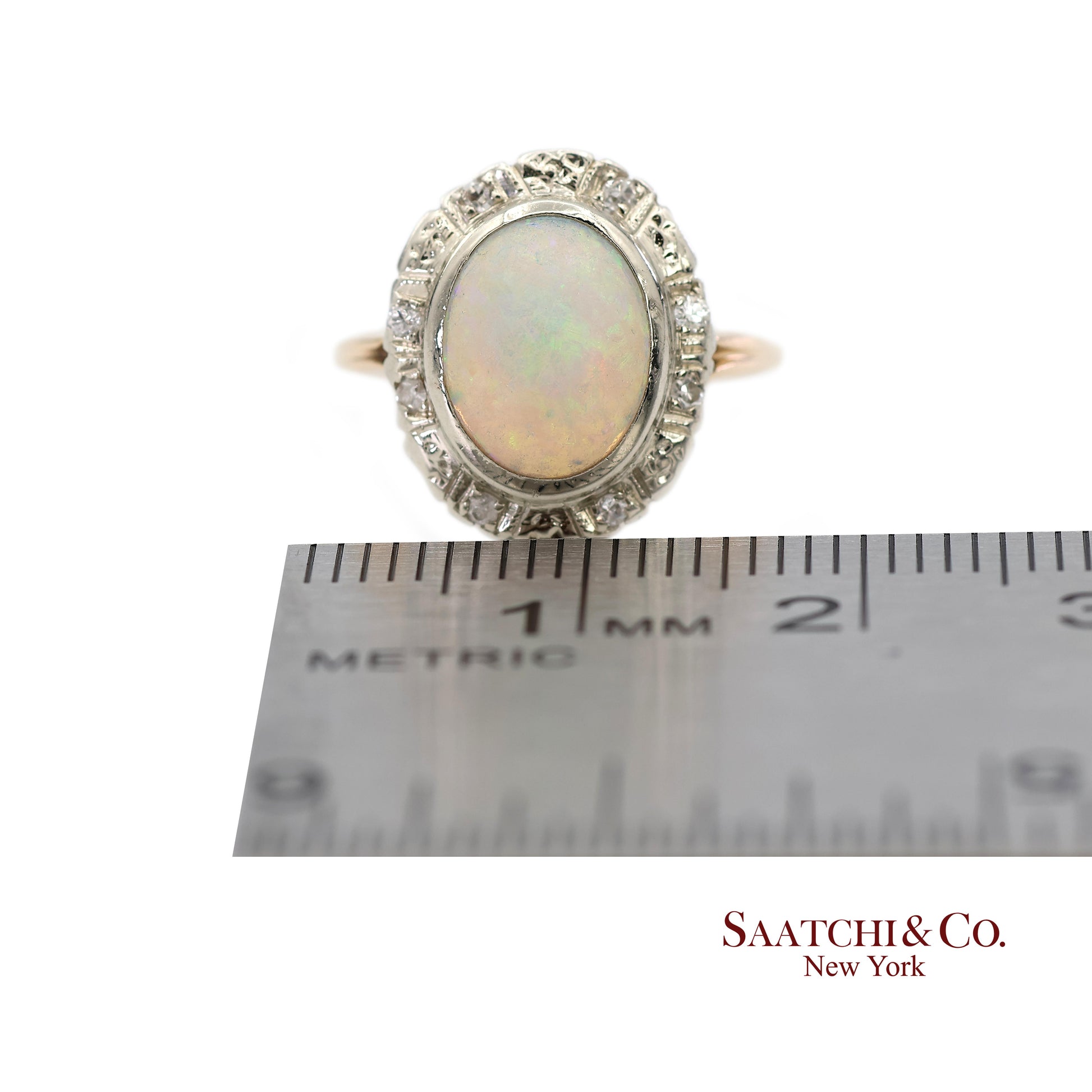 14K White and Yellow Gold Vintage Natural Diamond and Natural Opal Ring